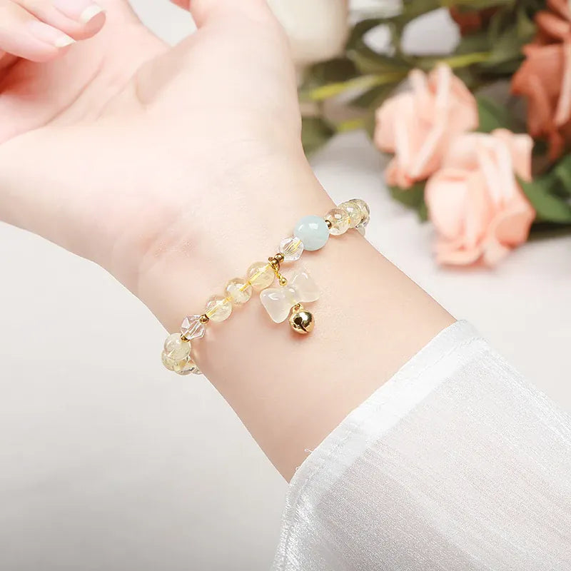 JD Natural Stone Citrine Agate Bow Charm Lucky Bead Bracelet Women Trendy Reiki Healing Handmade Stretch Bracelet Couple Gifts