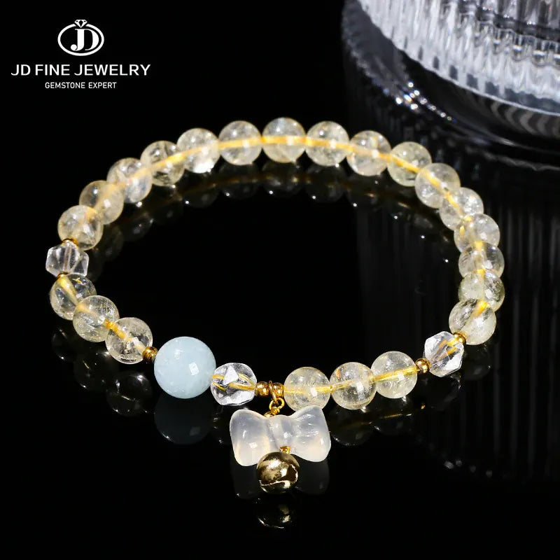 JD Natural Stone Citrine Agate Bow Charm Lucky Bead Bracelet Women Trendy Reiki Healing Handmade Stretch Bracelet Couple Gifts