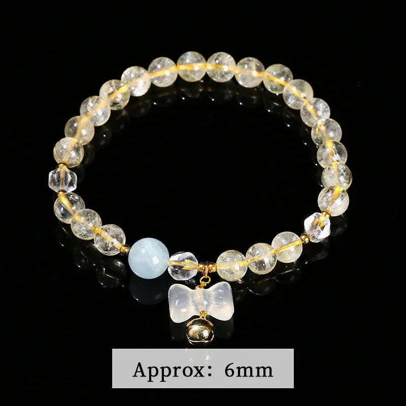 JD Natural Stone Citrine Agate Bow Charm Lucky Bead Bracelet Women Trendy Reiki Healing Handmade Stretch Bracelet Couple Gifts