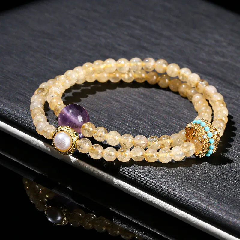 JD Natural Stone Citrine Amethyst Lucky Shell Bead Ring 2-Layer Bracelet Women Genuine Wealth Crystal Elastic Bangles For Female