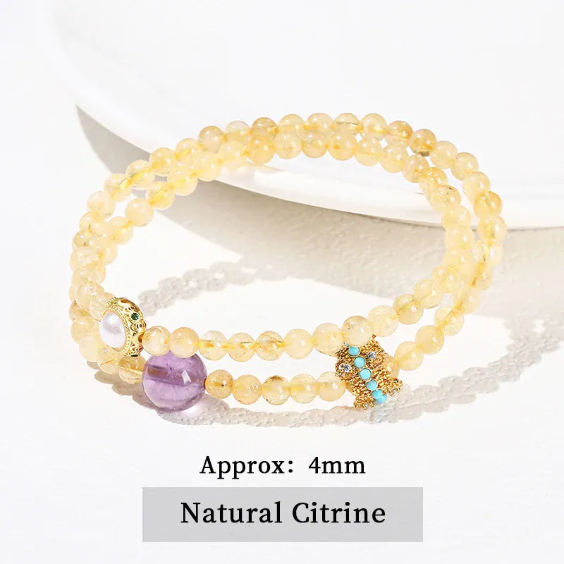 JD Natural Stone Citrine Amethyst Lucky Shell Bead Ring 2-Layer Bracelet Women Genuine Wealth Crystal Elastic Bangles For Female