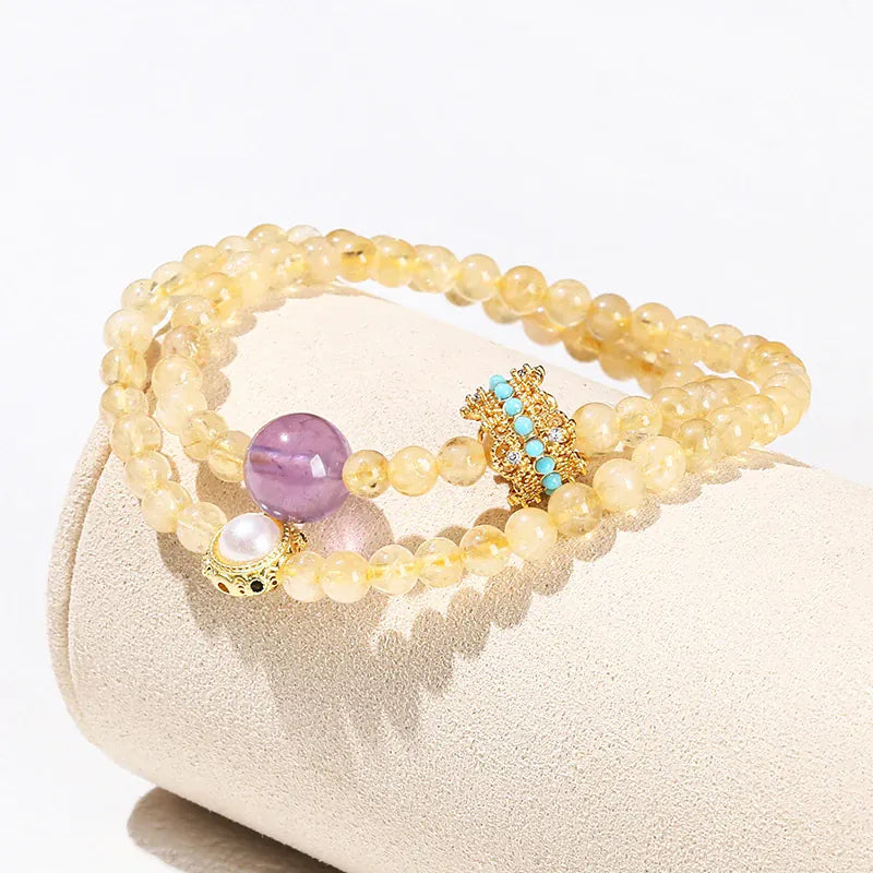 JD Natural Stone Citrine Amethyst Lucky Shell Bead Ring 2-Layer Bracelet Women Genuine Wealth Crystal Elastic Bangles For Female