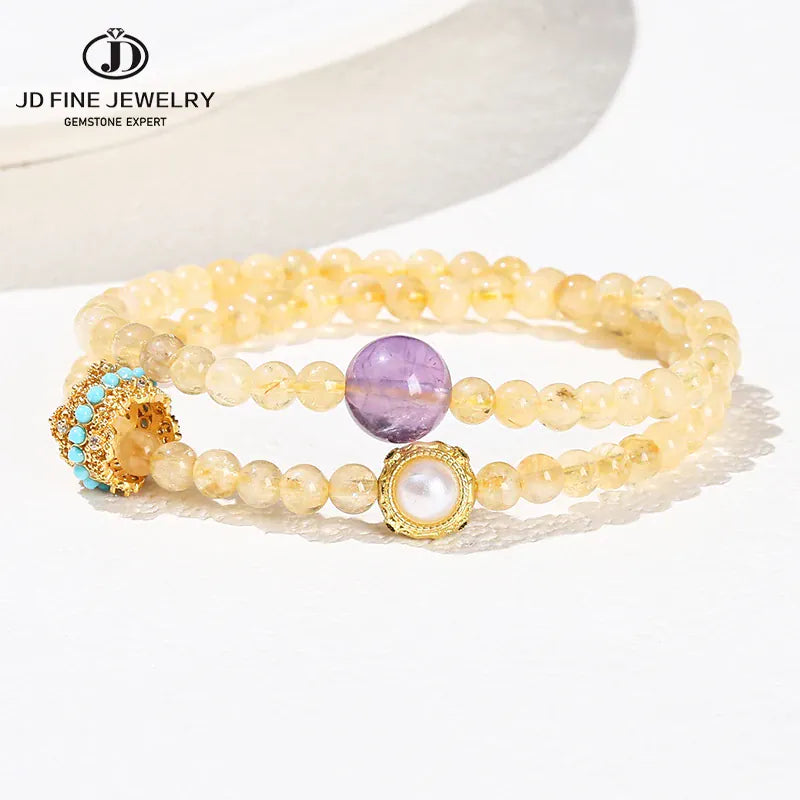 JD Natural Stone Citrine Amethyst Lucky Shell Bead Ring 2-Layer Bracelet Women Genuine Wealth Crystal Elastic Bangles For Female