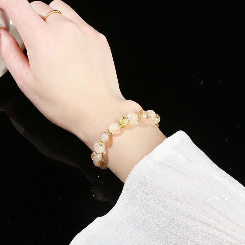 JD  Natural Stone Golden Quartz Wealth Lucky Bracelts Women Luxury Elegant Copper Accessory Crystal Elastic Bracelet Couple Gift