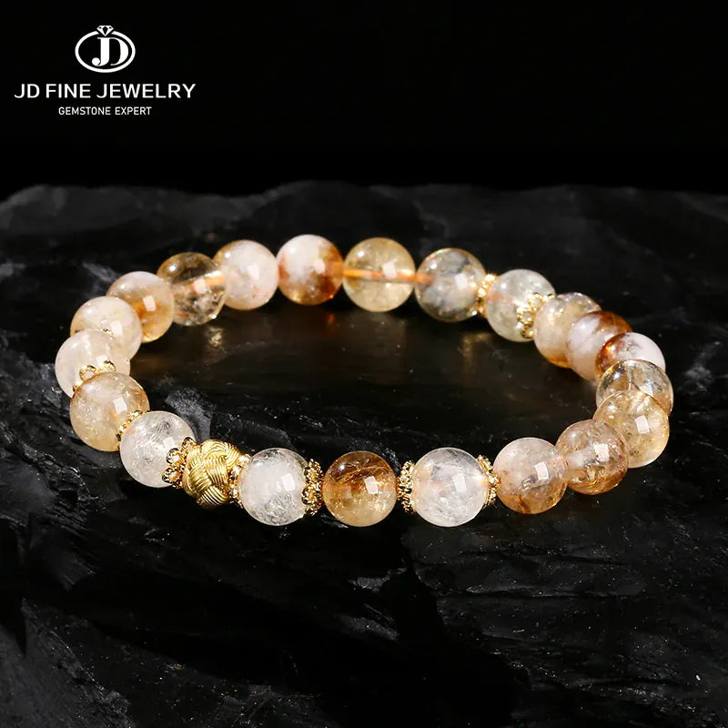 JD  Natural Stone Golden Quartz Wealth Lucky Bracelts Women Luxury Elegant Copper Accessory Crystal Elastic Bracelet Couple Gift