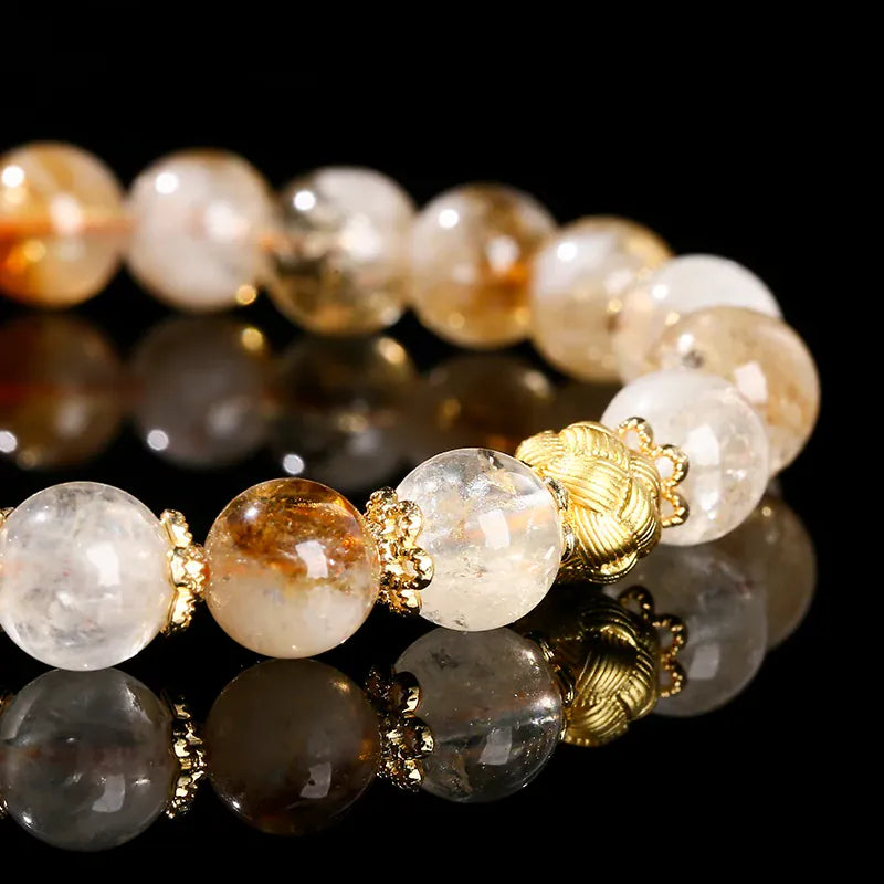 JD  Natural Stone Golden Quartz Wealth Lucky Bracelts Women Luxury Elegant Copper Accessory Crystal Elastic Bracelet Couple Gift