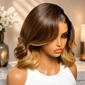 (Jodie) Chocolate Brown Wavy Bob Human Hair HD Lace Front Wig 7x5, 13x4 Golden Highlights, Glueless, Layered 150% Density