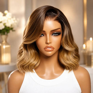 (Jodie) Chocolate Brown Wavy Bob Human Hair HD Lace Front Wig 7x5, 13x4 Golden Highlights, Glueless, Layered 150% Density