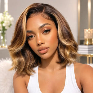 (Jodie) Chocolate Brown Wavy Bob Human Hair HD Lace Front Wig 7x5, 13x4 Golden Highlights, Glueless, Layered 150% Density