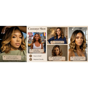 (Jodie) Chocolate Brown Wavy Bob Human Hair HD Lace Front Wig 7x5, 13x4 Golden Highlights, Glueless, Layered 150% Density