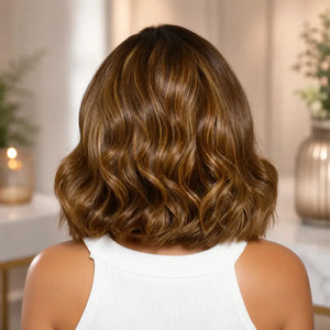(Jodie) Chocolate Brown Wavy Bob Human Hair HD Lace Front Wig 7x5, 13x4 Golden Highlights, Glueless, Layered 150% Density
