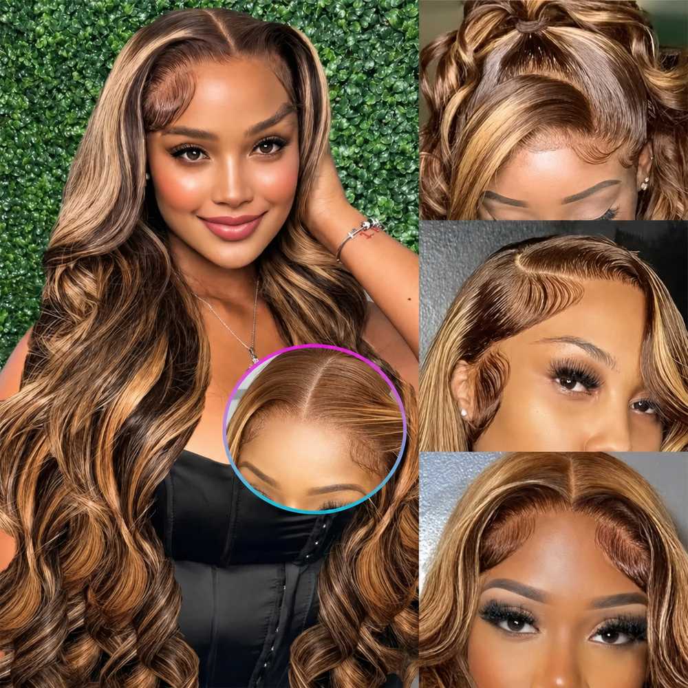 (Juju) Honey Blonde Ombre Body Wave Human Hair HD Lace Front Wig 13x4 or 5x5, 4/27 Highlight, Glueless, 18-30 Inch, 200%-250% Density