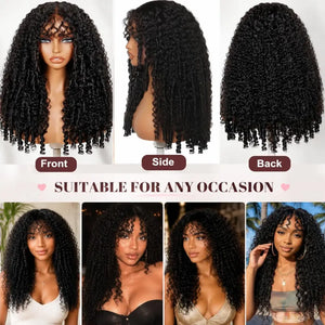 (Kelsie) Burmese Curly Human Hair Wig with Bangs, 7x5 Glueless Lace, Finger Coil Ends, 150% Density