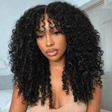 (Kelsie) Burmese Curly Human Hair Wig with Bangs, 7x5 Glueless Lace, Finger Coil Ends, 150% Density