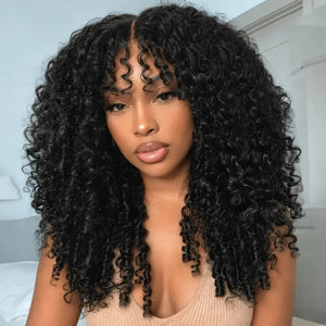 (Kelsie) Burmese Curly Human Hair Wig with Bangs, 7x5 Glueless Lace, Finger Coil Ends, 150% Density