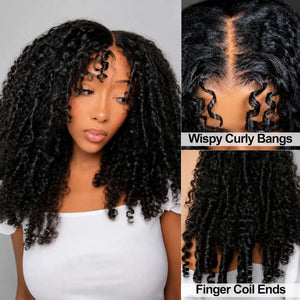(Kelsie) Burmese Curly Human Hair Wig with Bangs, 7x5 Glueless Lace, Finger Coil Ends, 150% Density
