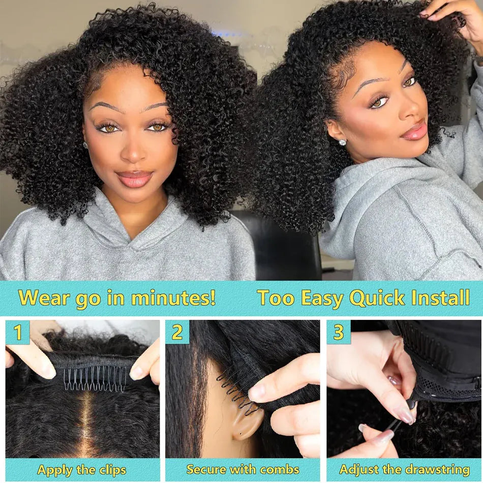 Kinky Curly Half Wigs Human Hair 250Density Glueless Wear and Go 3 in 1 Drawstring Seamless Flip Over Curly Half Human Hair Wigs