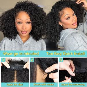 Kinky Curly Half Wigs Human Hair 250Density Glueless Wear and Go 3 in 1 Drawstring Seamless Flip Over Curly Half Human Hair Wigs