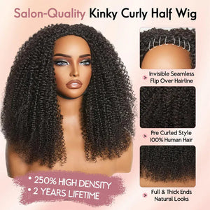 Kinky Curly Half Wigs Human Hair 250Density Glueless Wear and Go 3 in 1 Drawstring Seamless Flip Over Curly Half Human Hair Wigs