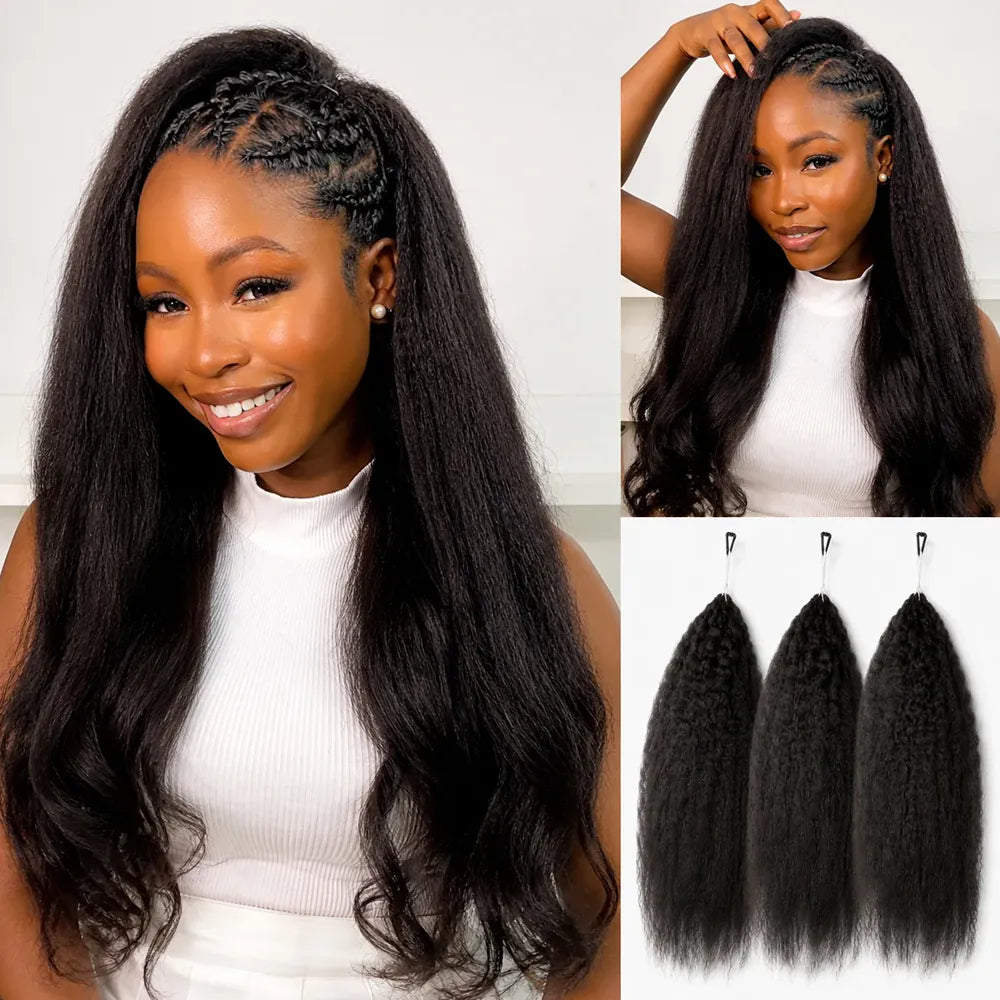 Kinky Straight Feather Crochet Human Hair Extensions Pre Separated Knotless Invisible Braiding Hair 100% Virgin Brazilian Human Hair Reusable 60g 50 Strands Natural Black Boho Braids For Women DIY Styling