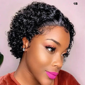 (Kleopatra) Curly Pixie Bob Human Hair HD Lace Front Wig 13x1, Brazilian Water Wave, Pre-Plucked