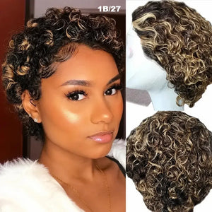 (Kleopatra) Curly Pixie Bob Human Hair HD Lace Front Wig 13x1, Brazilian Water Wave, Pre-Plucked