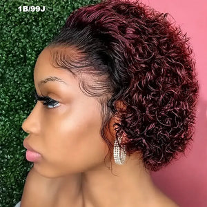 (Kleopatra) Curly Pixie Bob Human Hair HD Lace Front Wig 13x1, Brazilian Water Wave, Pre-Plucked