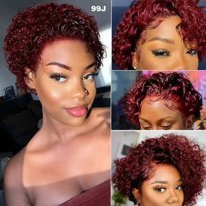 (Kleopatra) Curly Pixie Bob Human Hair HD Lace Front Wig 13x1, Brazilian Water Wave, Pre-Plucked