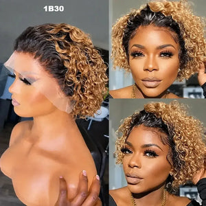 (Kleopatra) Curly Pixie Bob Human Hair HD Lace Front Wig 13x1, Brazilian Water Wave, Pre-Plucked