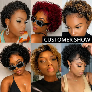 (Kleopatra) Curly Pixie Bob Human Hair HD Lace Front Wig 13x1, Brazilian Water Wave, Pre-Plucked
