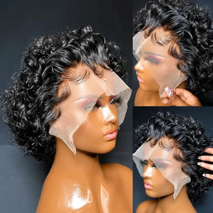 (Kleopatra) Curly Pixie Bob Human Hair HD Lace Front Wig 13x1, Brazilian Water Wave, Pre-Plucked
