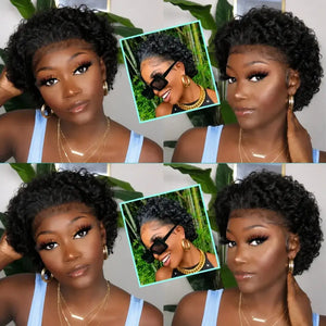 (Kleopatra) Curly Pixie Bob Human Hair HD Lace Front Wig 13x1, Brazilian Water Wave, Pre-Plucked