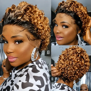 (Kleopatra) Curly Pixie Bob Human Hair HD Lace Front Wig 13x1, Brazilian Water Wave, Pre-Plucked