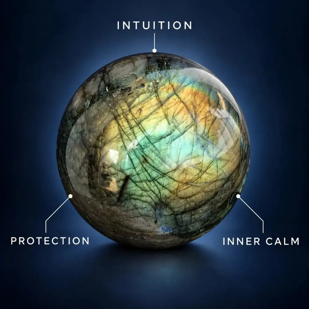 Labradorite Crystal Sphere with Blue Flash for Intuition, Protection & Spiritual Energy – Polished Meditation Decor Stone