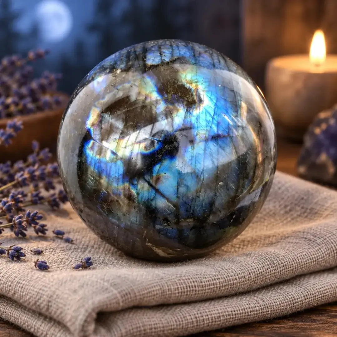 Labradorite Crystal Sphere with Blue Flash for Intuition, Protection & Spiritual Energy – Polished Meditation Decor Stone