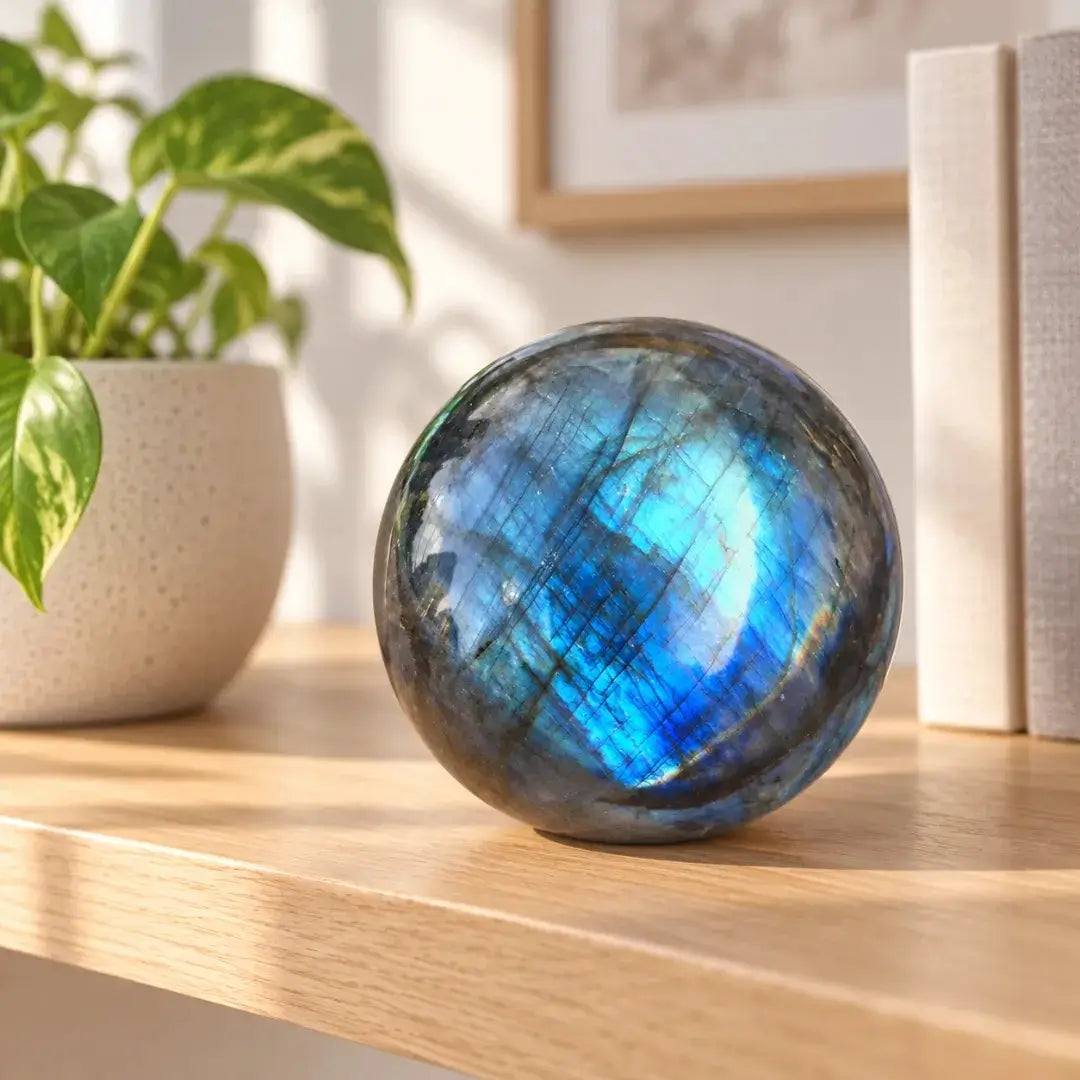 Labradorite Crystal Sphere with Blue Flash for Intuition, Protection & Spiritual Energy – Polished Meditation Decor Stone