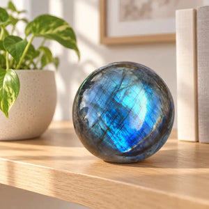 Labradorite Crystal Sphere with Blue Flash for Intuition, Protection & Spiritual Energy – Polished Meditation Decor Stone
