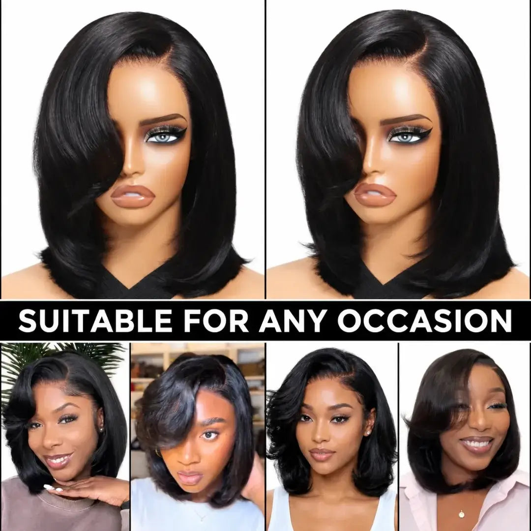Layered Bob Human Hair Wig, 6x4 Lace Side Part, Glueless with Side-Swept Bangs