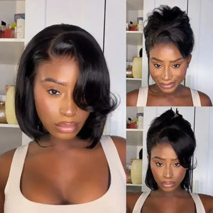 Layered Bob Human Hair Wig, 6x4 Lace Side Part, Glueless with Side-Swept Bangs