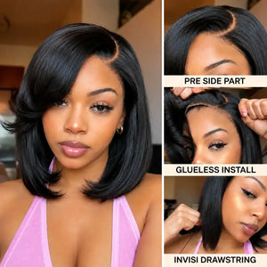 Layered Bob Human Hair Wig, 6x4 Lace Side Part, Glueless with Side-Swept Bangs