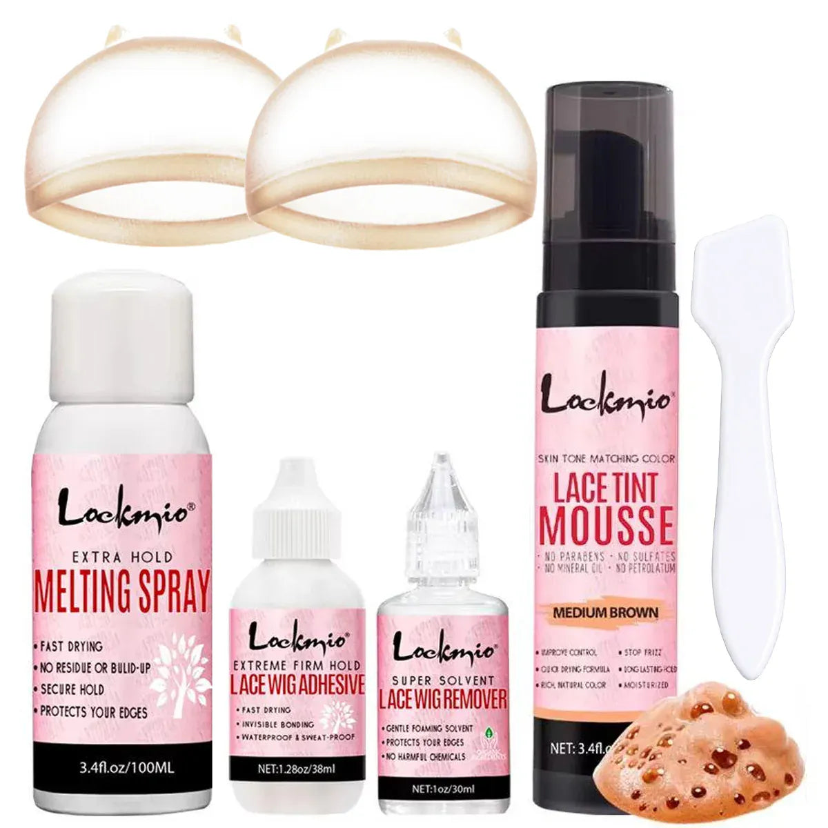 LOCKMIO Wig Installation Kit Frontal Melting Spray Quick-Drying Lace Tint Mousses Waterproof Hair Adhesive with Glue Remover Set