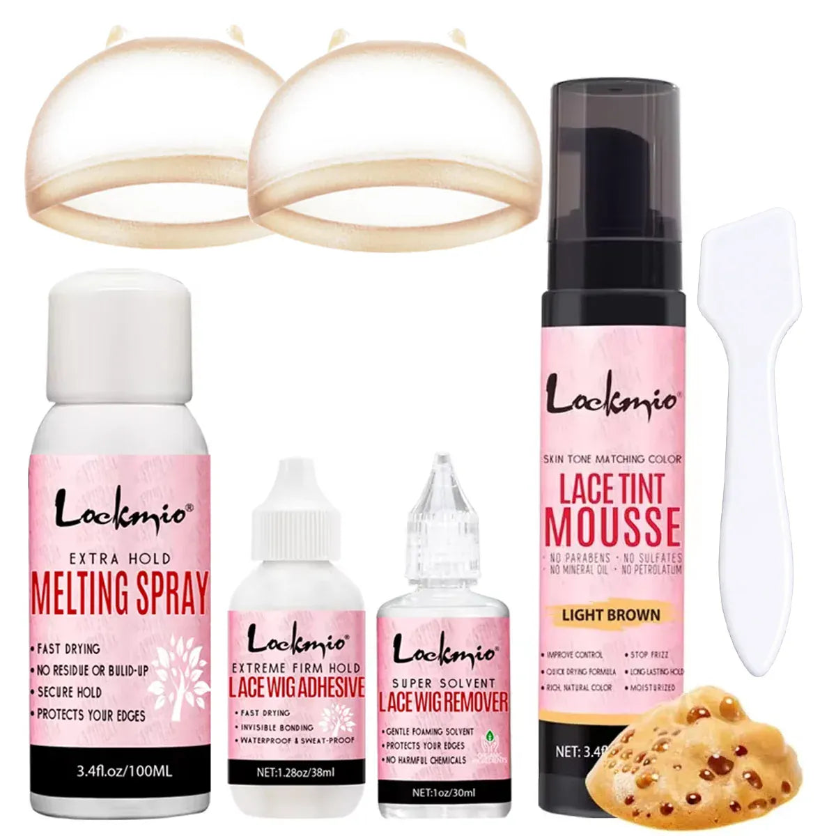 LOCKMIO Wig Installation Kit Frontal Melting Spray Quick-Drying Lace Tint Mousses Waterproof Hair Adhesive with Glue Remover Set