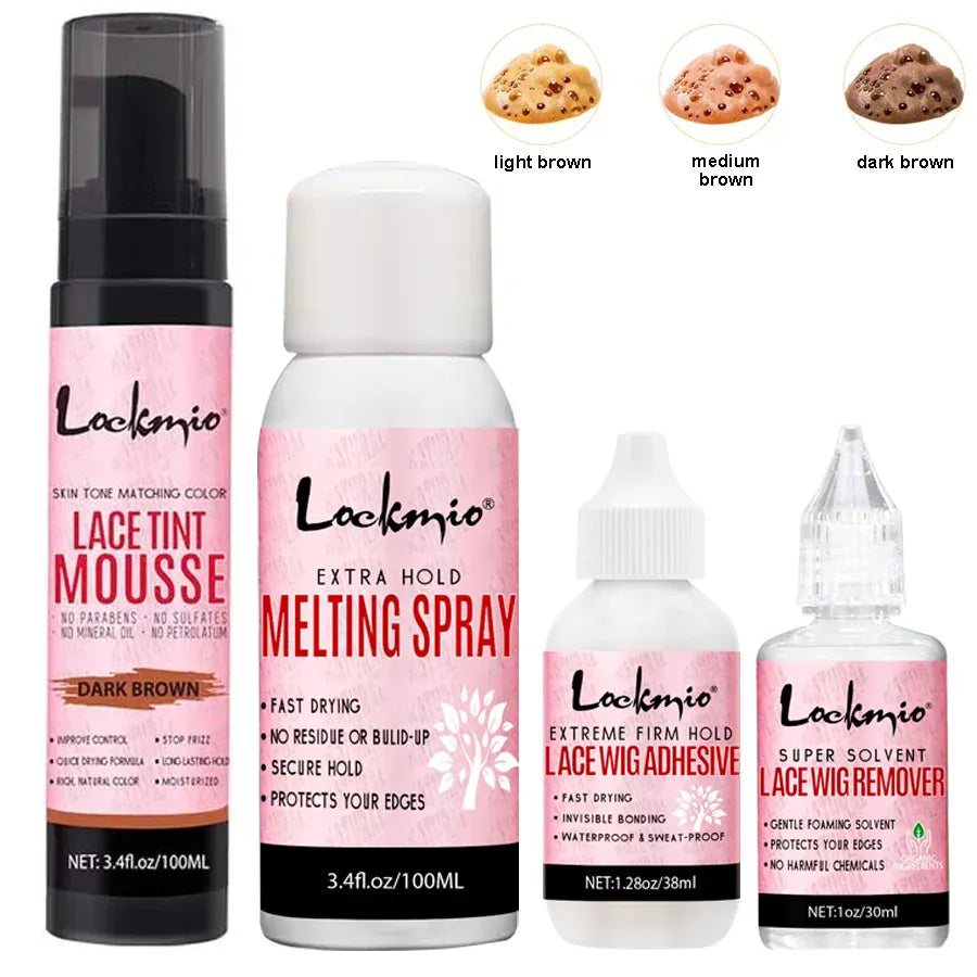 LOCKMIO Wig Installation Kit Frontal Melting Spray Quick-Drying Lace Tint Mousses Waterproof Hair Adhesive with Glue Remover Set