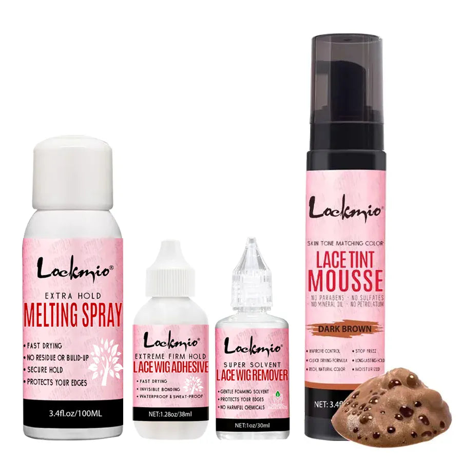 LOCKMIO Wig Installation Kit Frontal Melting Spray Quick-Drying Lace Tint Mousses Waterproof Hair Adhesive with Glue Remover Set