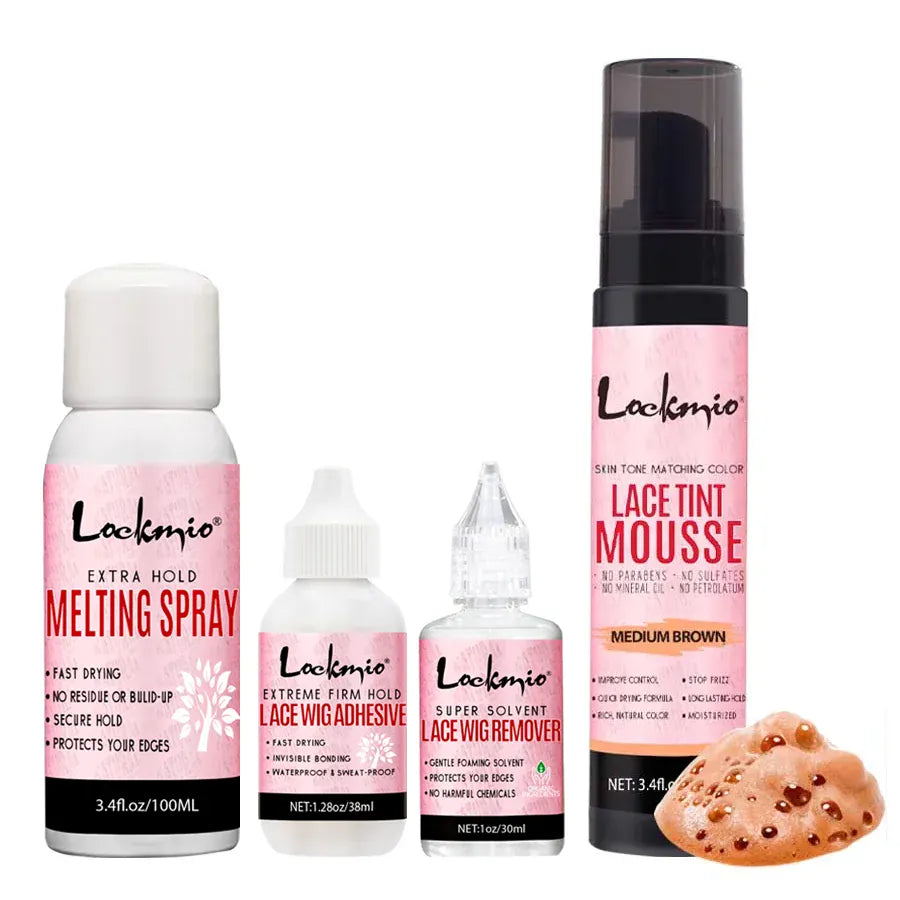 LOCKMIO Wig Installation Kit Frontal Melting Spray Quick-Drying Lace Tint Mousses Waterproof Hair Adhesive with Glue Remover Set