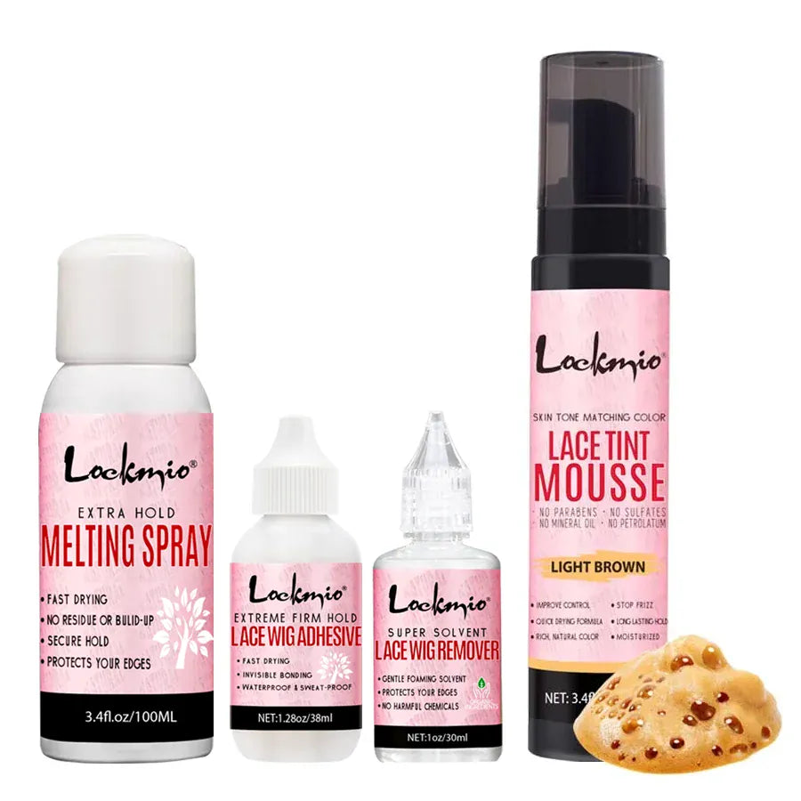 LOCKMIO Wig Installation Kit Frontal Melting Spray Quick-Drying Lace Tint Mousses Waterproof Hair Adhesive with Glue Remover Set