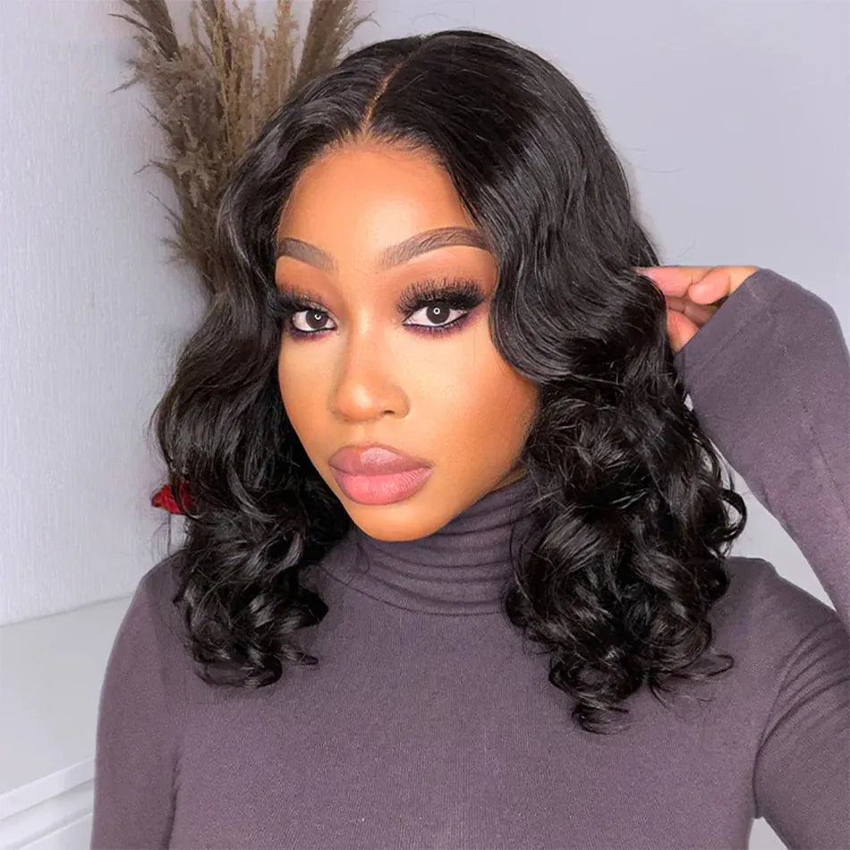 Malaysian Human Hair Wigs Loose Body Wave Bob Wig Pre plucked 13x4 HD Transparent Lace Front Short Bob Wig Natural Color Tissage