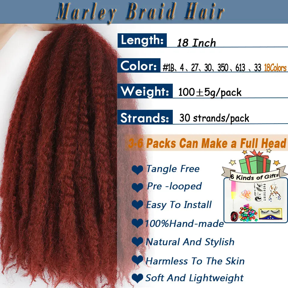 Marley Twist Braiding Hair Pre Stretched 1- 6 Packs Ombre Afro Kinky Curly Crochet Hair for Faux Locs Jumbo Marley Twists Hair