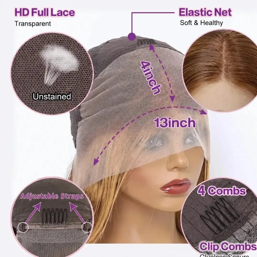 Honey blonde human hair lace front bob wig with ombre highlights, body wave style, 13x4 lace, pre-plucked, glueless fit, 8-18 inches.