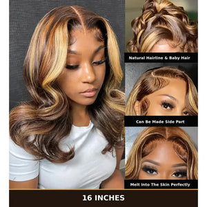 (Matriarch) Honey Blonde Body Wave Bob Human Hair HD Lace Front Wig 13x4, 4/27 Highlight Ombre, 8-18 Inch, Glueless Pre-Plucked